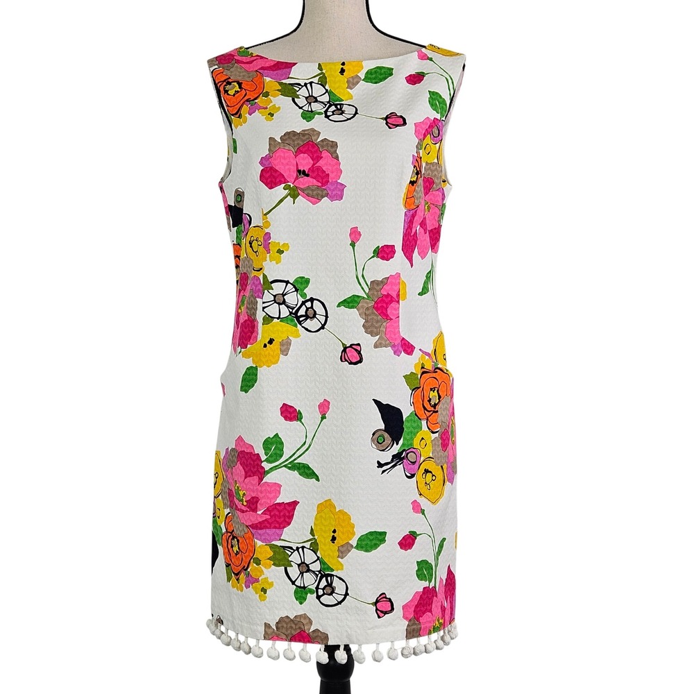 Trina Turk Floral Shift Dress Womens 8 White Pink Pom Pom Trim Pockets FLAWS